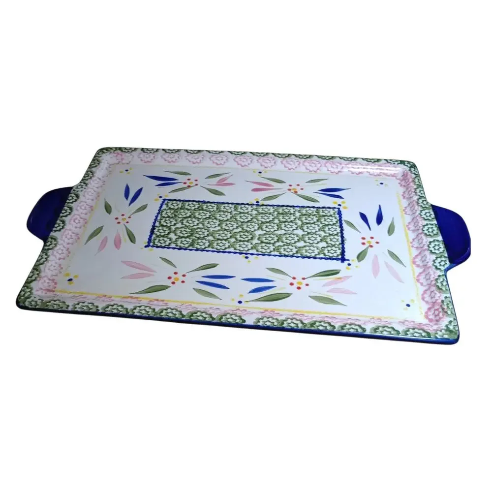 Temptations by Tara Ovenware Old World Green Large Platter Tray 16x10 Floral #10